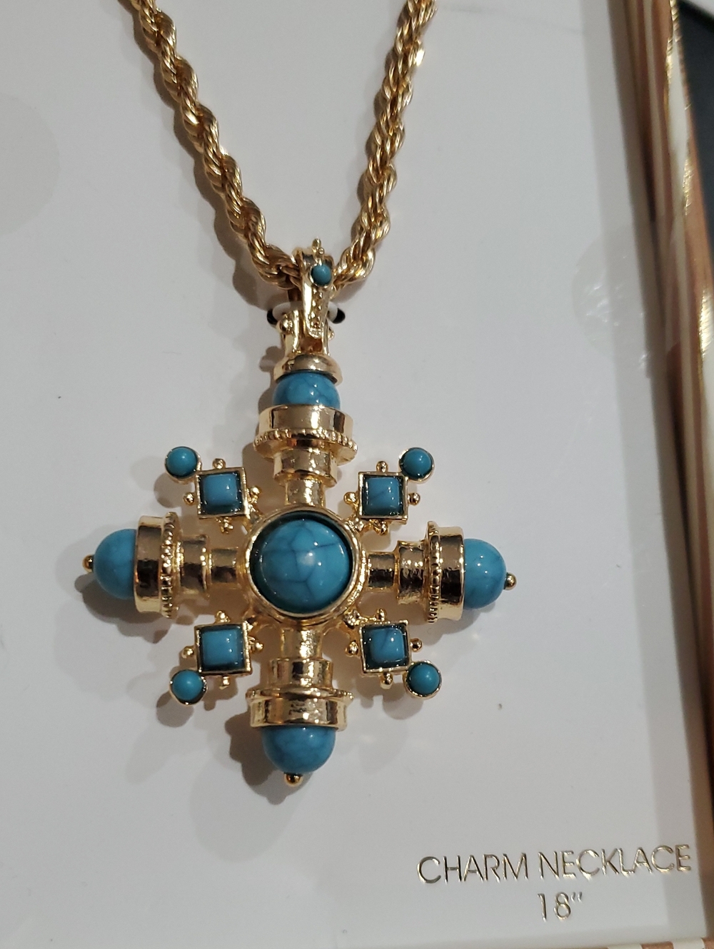 Gold tone turquoise stone maltese gothic cross star pendant‎ rope chain necklace